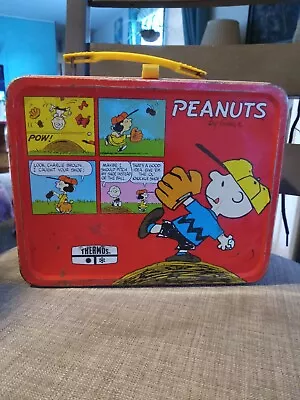 Vintage Peanuts Red Metal 1960s Lunchbox Snoopy Charlie Brown Thermos Lunch Box • $25