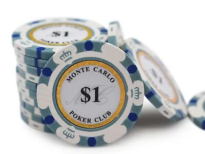 25 Monte Carlo Poker Club 14g Premium Clay Poker Chips - White $1 Denomination • $15.96
