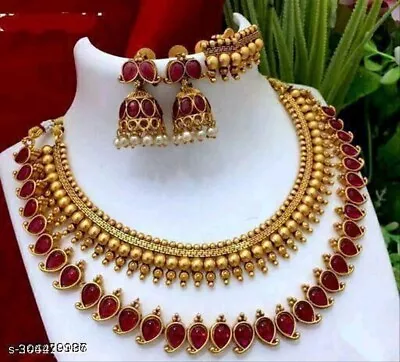 South Indian Bollywood Ethnic Gold FN Combo Choker Necklace Wedding Jewelry Set • $20.20