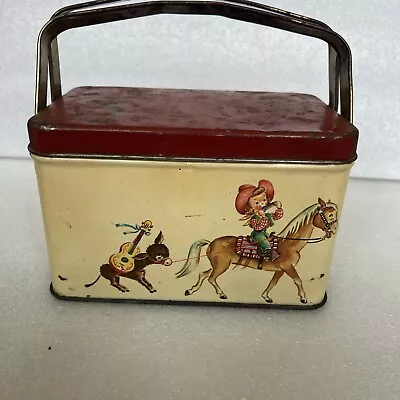 Vintage Cowboy Cowgirl WESTERN Children’s Tin Metal Lunchbox Horse Donkey Red • $55