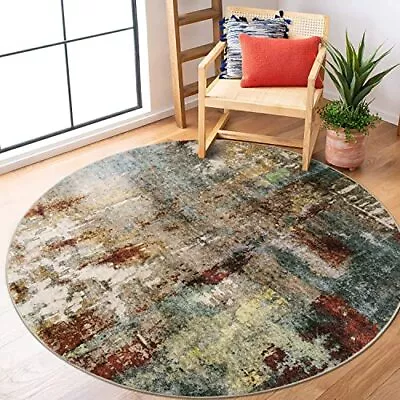  Modern Abstract Round Rug 5ft - Red Soft Bedroom Round Area 5' Round Red/Multi • $88.53