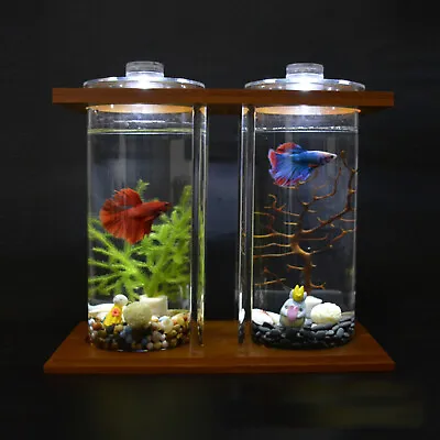 Dual Glass Desktop Fish Tank Home Office Betta Aquarium Set LED Light Ornaments • $20.90