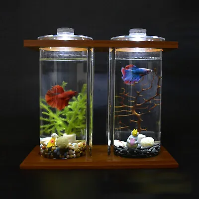 Glass Betta Fish Tank Bamboo Base Mini Aquarium Goldfish Tank Desktop Decoration • $20.90