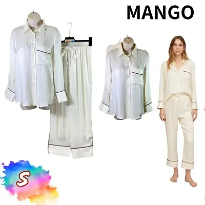 NWT Mango Women's S Long Sleeves Flowy Beige Cream Satin Pajama Set • £24.48