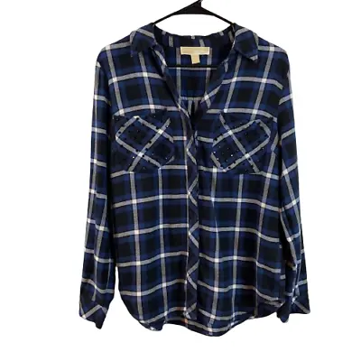 Michael Kors Womens Medium Blue Plaid Button Flannel Shirt Embellished Pockets • $12.99