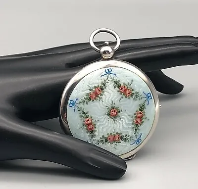 £235.89 • Buy Antique Sterling Silver & Guilloche Enamel Pocketwatch Compact Painted Flowers