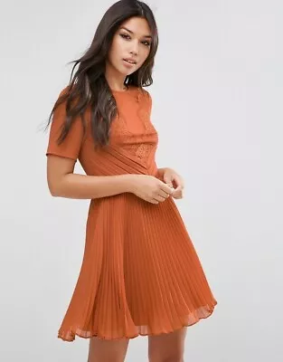 ASOS Lace Mini Dress With Mesh Trim Inserts And Pleated Skirt UK SIZE 10 NEW • £30