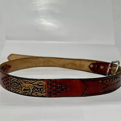 Vintage Hand Tooled Leather Print Brown Belt Horse Size 44 • $26