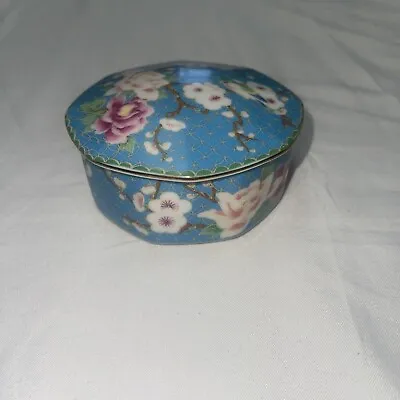 Takahashi Cloisonne Porcelain Trinket Box Round Blue Floral VTG 1981 • $13.99