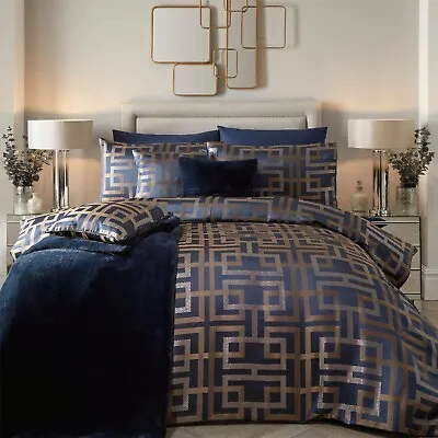 Duvet Cover Bedding Set Bardon Geometric Jacquard Metallic Yarn By Soiree Navy • £8.99