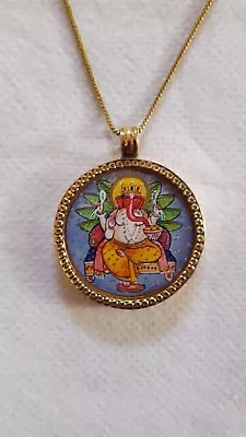 Handmade Brass Glass Framed Hindu Deity God Ganesha Photo Pendant And Bras Chain • $12