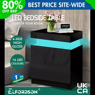 ELFORDSON Bedside Table RGB LED Nightstand 2 Drawers 4 Side High Gloss Black • £69.99