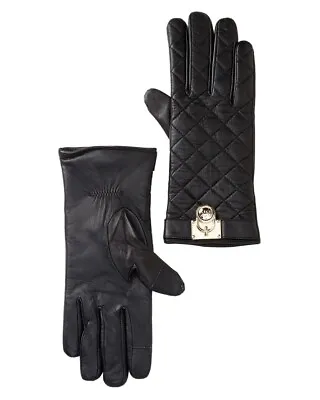 Michael Kors Quilted Genuine Black Leather Hamilton Lock Gloves Large RRP $98 • $64.95