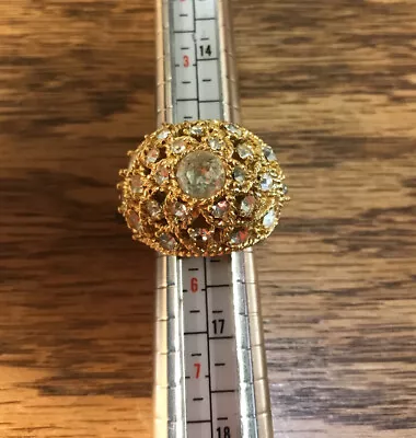 Vintage CROWN TRIFARI Domed Goldtone Ring Diamond Shaped Crystals  Sz 5.5-6.25 • $71.99
