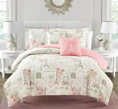 Queen Size Bed Pink White Paris French Country Watercolor 5 Pc Comforter Set • $110.90