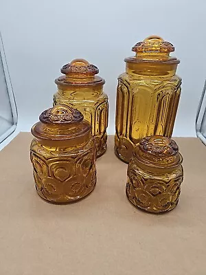 1960’s LE SMITH Moon & Star AMBER Glass Canisters Set Of 4 Vintage Kitchen Boho • $44