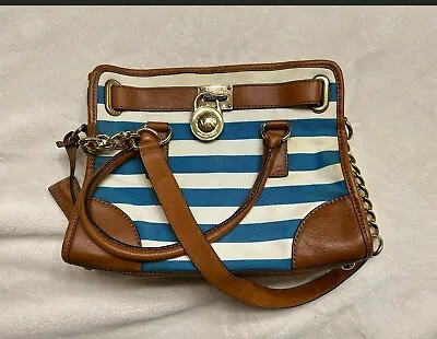 Michael Kors Hamilton Canvas Striped Large North South Tote Bag Stripe Blue • $35