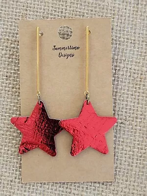 GENUINE Leather Backed Cork Star Cut Earrings Metallic Red 2  • $12