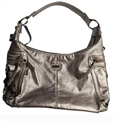 The Sak Hobo Handbag Purse Gun Metal Silver Metallic Leather Silver Hardwear • $22.99