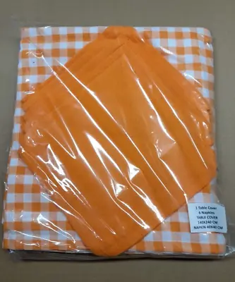 Orange Check Cotton Tablecloth 140cm X 240cm With Orange Napkins New • £12