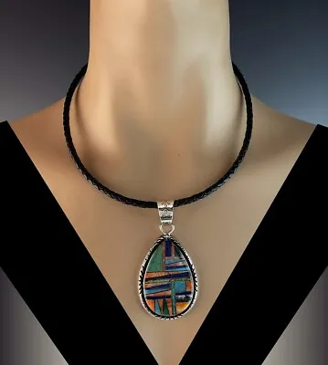 Sterling And Multi Gemstone Inlay Pendant • $460