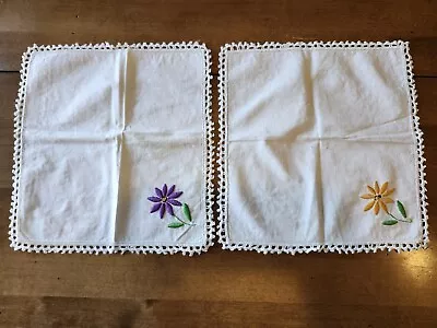 2 Vintage Embroidered & Crocheted Squared Napkins Or Crafting Pieces • $6