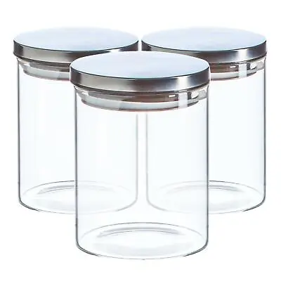 £12.99 • Buy 3x Glass Storage Jar With Metal Lids Modern Kitchen Food Storage 750ml Silver