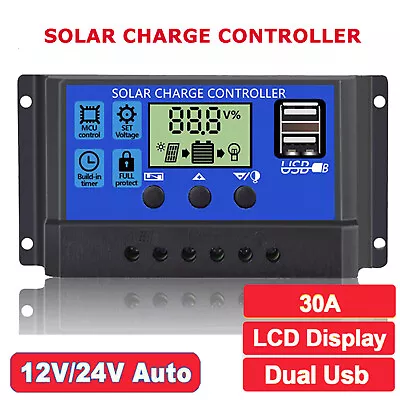 30A Solar Panel Battery Charge Controller 12V/24V LCD Regulator Dual USB Port • £8.26