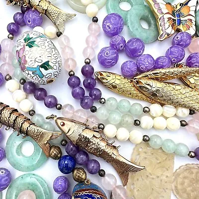 Vintage Jewelry Repair Lot Asian Chinese Jade Beads Pendants Cloisonne Gemstone • $249.99