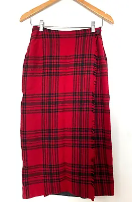VTG Eddie Bauer Wool Red Tartan Plaid Wrap Midi Skirt Size 6 Petites Womens G15 • $22