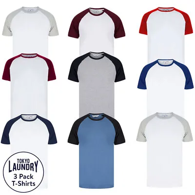 Tokyo Laundry Men's T-Shirt Multi Pack Of 3 Raglan Sleeve Cotton Baseball Top • £22.99