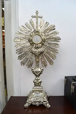 Old French Silver Baroque Monstrance W/ Sterling Silver Luna 27 1/2  Ht (CU210) • $5580