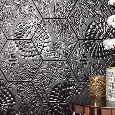 £3 • Buy Full Tile Sample: Catalania Decor Black Hexagon Porcelain Wall & Floor Tiles
