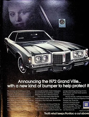 1972 GM Pontiac Grand Ville Automobile 1970s Print Ad New Car Bumper Protection • $11.99