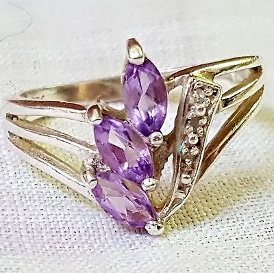 Vintage Ring Three Marquise Cut Amethysts Diamond Accents Sterling Silver Size 7 • $34.99