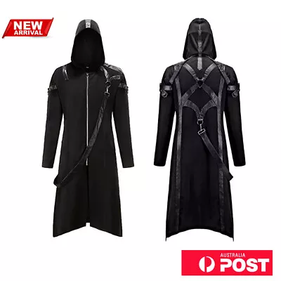 Mens Steampunk Trench Coat Dark Gothic Cosplay Black Jacket Halloween Costume AU • $46.87