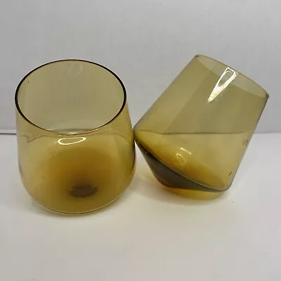 Yellow / Brown Vintage Tilted Glass Old Fashioned Whiskey Tumbler Glasses Set 2 • $49.99