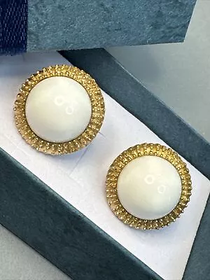 Vintage Crown Trifari White Lucite Cabochon Dome Gold Tone Clip Earrings • $16.50