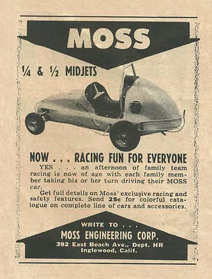 Vintage 1959 Moss Engineering 1/4 & 1/2 Midgets Ad • $16.99