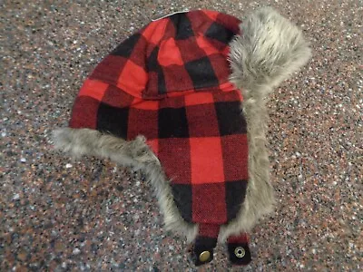 Eddie Bauer Buffalo Plaid Trapper Hat L / XL Faux Fur Scarlet Red Checker New • $34.75
