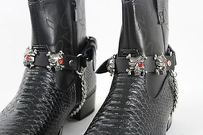 $29.99 • Buy Biker Shoe A Pair Boots Bracelets Chain Black Leather 2 Straps Skull Skeleton