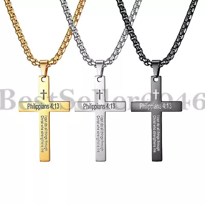 Men Cross Pendant Necklace Philippians 4:13 Lords Prayer Stainless Steel Chain • $9.99
