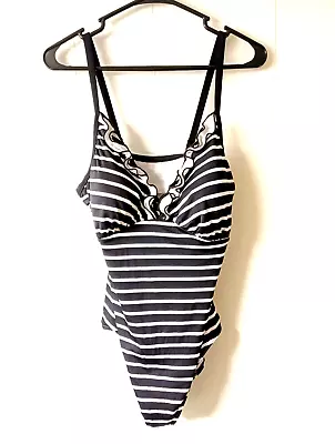 Miracle Suit Black White Nautical Stripe Ruffle V-Neck Swimsuit 18W ~ #4359 • $38