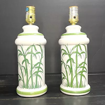 Pair Of  VTG Porcelain Lamp Hand Painted Bamboo Mid-Century Contemporary 10” • $123.97