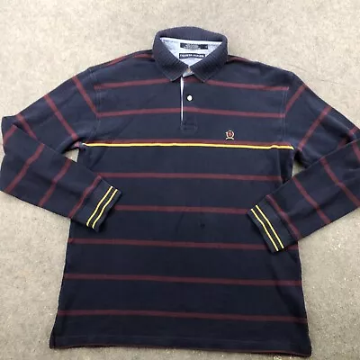 VTG Tommy Hilfiger Polo Shirt Mens Large Blue Maroon Striped Long Sleeve Rugby * • $24.95