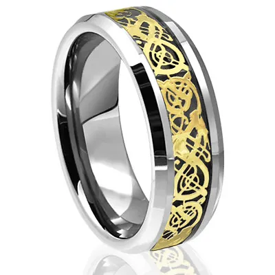 Gold Celtic Dragon Silver Tungsten Carbide Ring Black Carbon Mens Wedding Band • $13.56