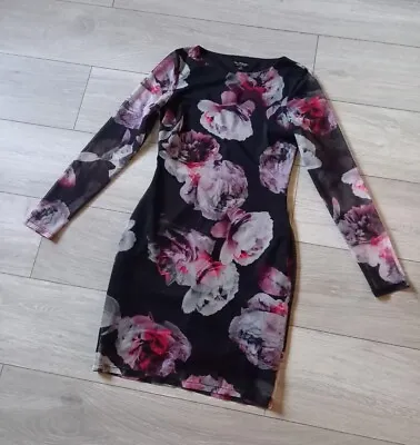 Miss Selfridge Black Floral Stretch Mesh Bodycon Dress Wiggle Party Evening UK8 • $16.17