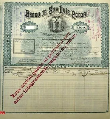 Mexico 1897 Mexican Banco Bank San Luis Potosi $ 100 Coupons Bond Loan Share • $1700