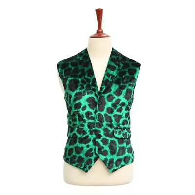 Mens Vest Suit Lapel Green Black Leopard Print Velvet Formal Waistcoat XL 46 • $59.99