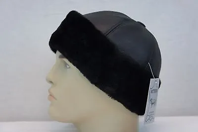 Black 100% Sheepskin Shearling Leather Fur Beanie Round Bucket Ski Hat S-3XL • $25